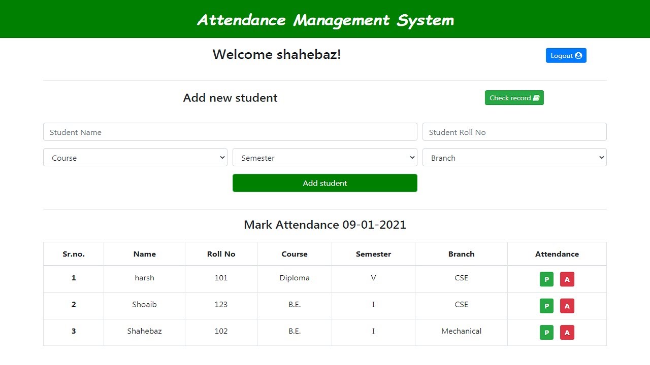 attendance management system project in php with source code